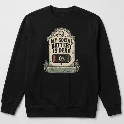 Vintage style t-shirt featuring a tombstone graphic with a battery icon and humorous text. — printed on a unisex sweatshirt