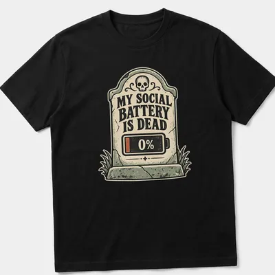 Vintage style t-shirt featuring a tombstone graphic with a battery icon and humorous text.