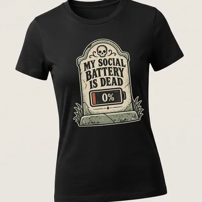 Vintage style t-shirt featuring a tombstone graphic with a battery icon and humorous text. — printed on a women's shirt