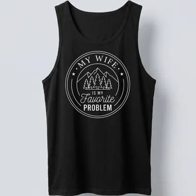 Circular badge design with mountains, pine trees, and text about a favorite problem. — printed on a tank top