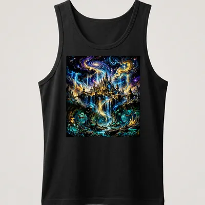 Fantasy illustration of a mystical castle with a waterfall against a galaxy backdrop — printed on a tank top