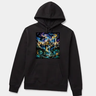Fantasy illustration of a mystical castle with a waterfall against a galaxy backdrop — printed on a unisex hoodie