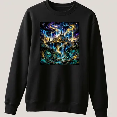 Fantasy illustration of a mystical castle with a waterfall against a galaxy backdrop — printed on a unisex sweatshirt