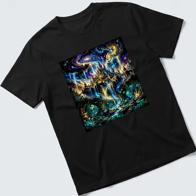 Fantasy illustration of a mystical castle with a waterfall against a galaxy backdrop