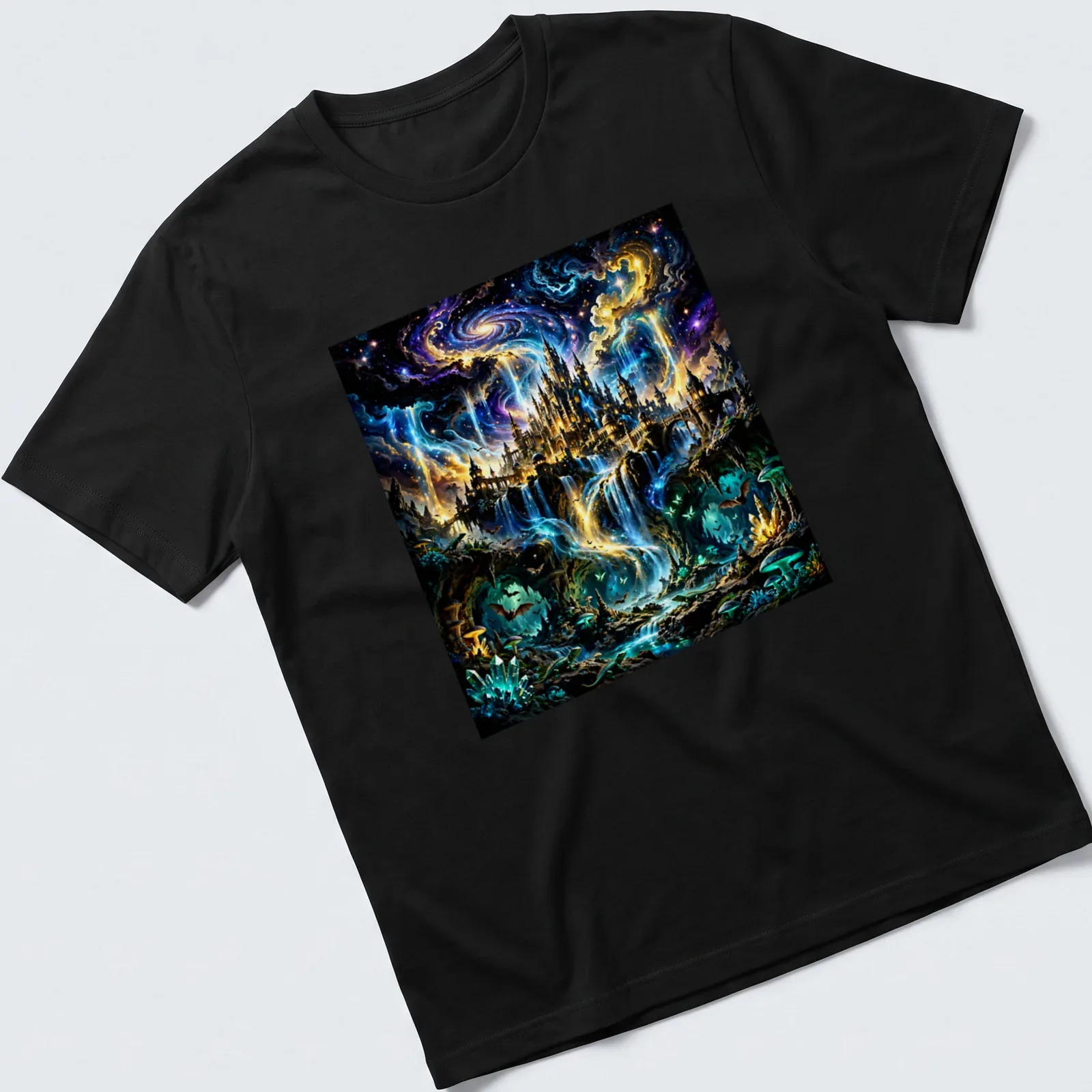 Fantasy illustration of a mystical castle with a waterfall against a galaxy backdrop — printed on a unisex t-shirt