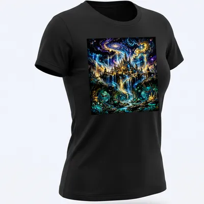 Fantasy illustration of a mystical castle with a waterfall against a galaxy backdrop — printed on a women's shirt