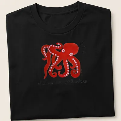 Colorful illustration of an octopus with playful text on t-shirt