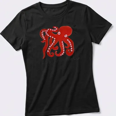 Colorful illustration of an octopus with playful text on — printed on a women's shirt