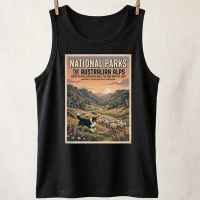 Vintage poster-style shirt featuring a landscape of wildflowers and sheep in the Australian Alps — printed on a tank top