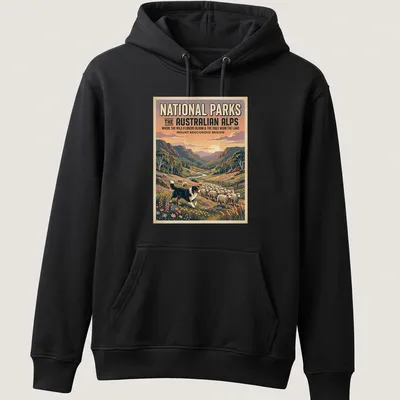 Vintage poster-style shirt featuring a landscape of wildflowers and sheep in the Australian Alps — printed on a unisex hoodie