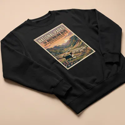 Vintage poster-style shirt featuring a landscape of wildflowers and sheep in the Australian Alps — printed on a unisex sweatshirt