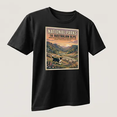 Vintage poster-style shirt featuring a landscape of wildflowers and sheep in the Australian Alps — printed on a unisex t-shirt (angled view)