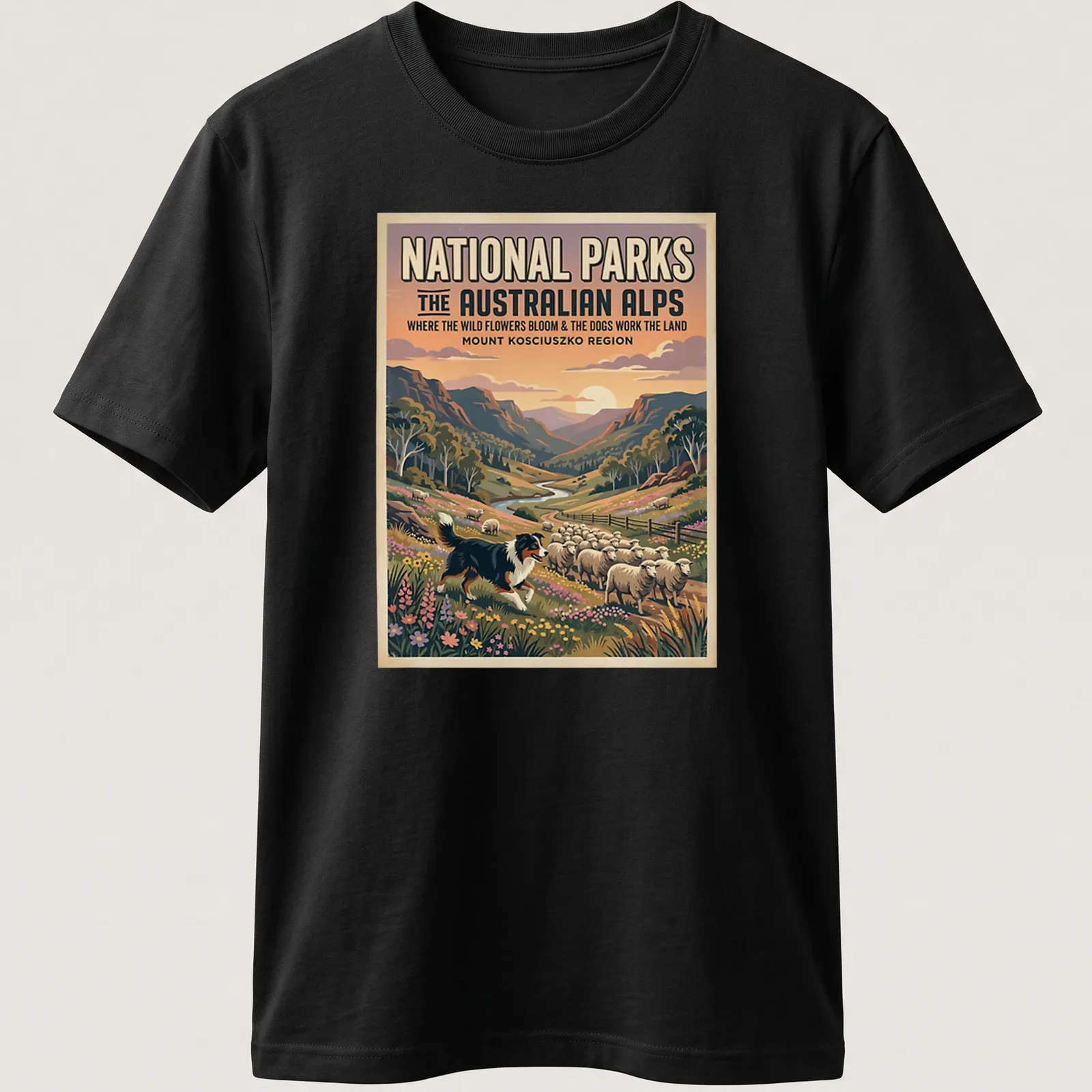 Vintage poster-style shirt featuring a landscape of wildflowers and sheep in the Australian Alps — printed on a unisex t-shirt