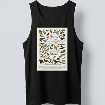 Retro identification chart of native Wisconsin birds with colorful illustrations — printed on a tank top