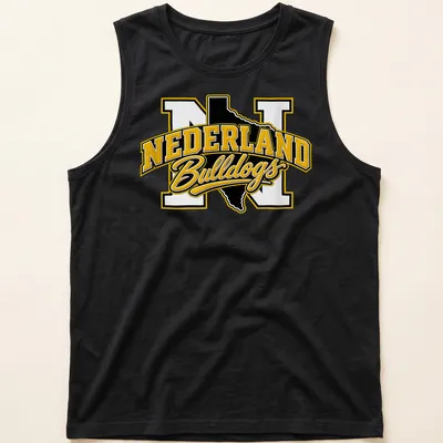Bold collegiate Nederland Bulldogs T-shirt featuring Texas outline and text in black, yellow, and white. — printed on a tank top
