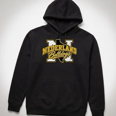 Bold collegiate Nederland Bulldogs T-shirt featuring Texas outline and text in black, yellow, and white. — printed on a unisex hoodie