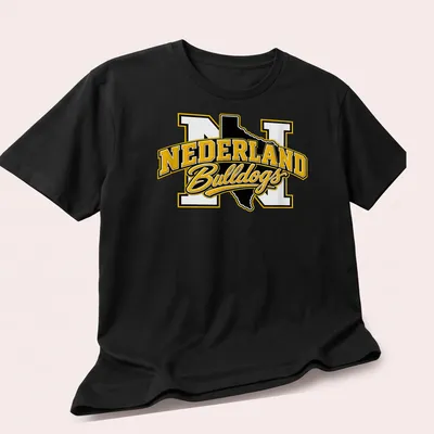 Bold collegiate Nederland Bulldogs T-shirt featuring Texas outline and text in black, yellow, and white. — printed on a unisex t-shirt (angled view)