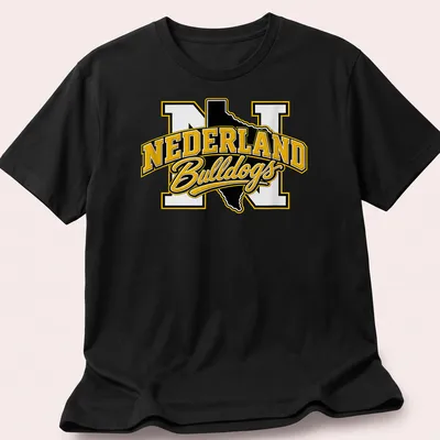 Bold collegiate Nederland Bulldogs T-shirt featuring Texas outline and text in black, yellow, and white.