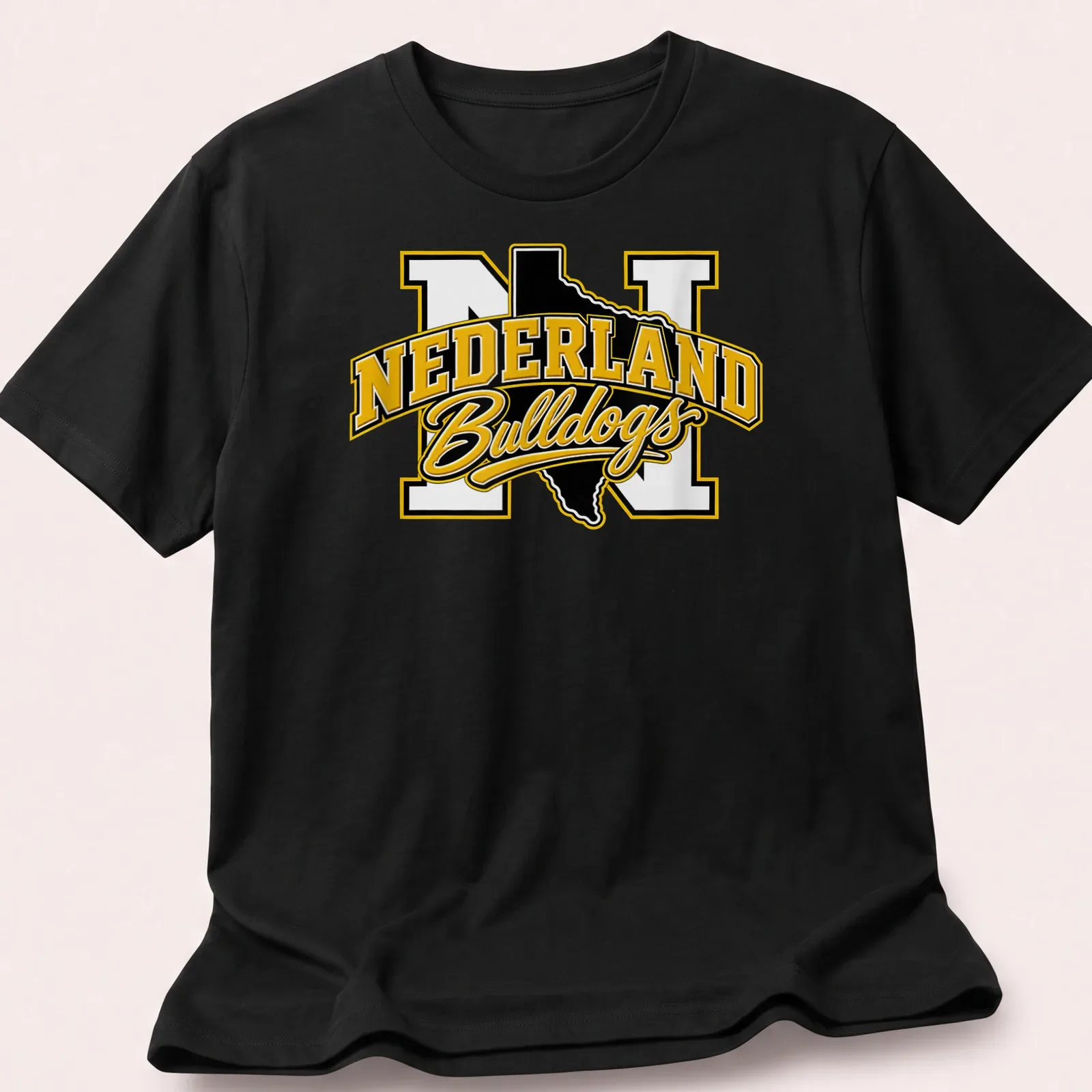 Bold collegiate Nederland Bulldogs T-shirt featuring Texas outline and text in black, yellow, and white. — printed on a unisex t-shirt
