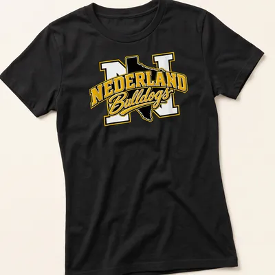 Bold collegiate Nederland Bulldogs T-shirt featuring Texas outline and text in black, yellow, and white. — printed on a women's shirt