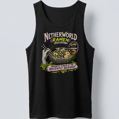 Vintage horror ramen t-shirt with a bowl of shrimp ramen and spooky lettering — printed on a tank top