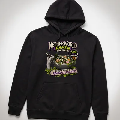 Vintage horror ramen t-shirt with a bowl of shrimp ramen and spooky lettering — printed on a unisex hoodie