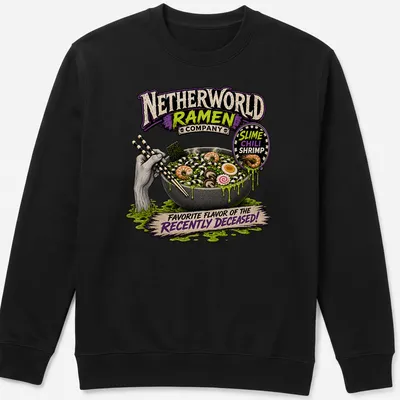 Vintage horror ramen t-shirt with a bowl of shrimp ramen and spooky lettering — printed on a unisex sweatshirt