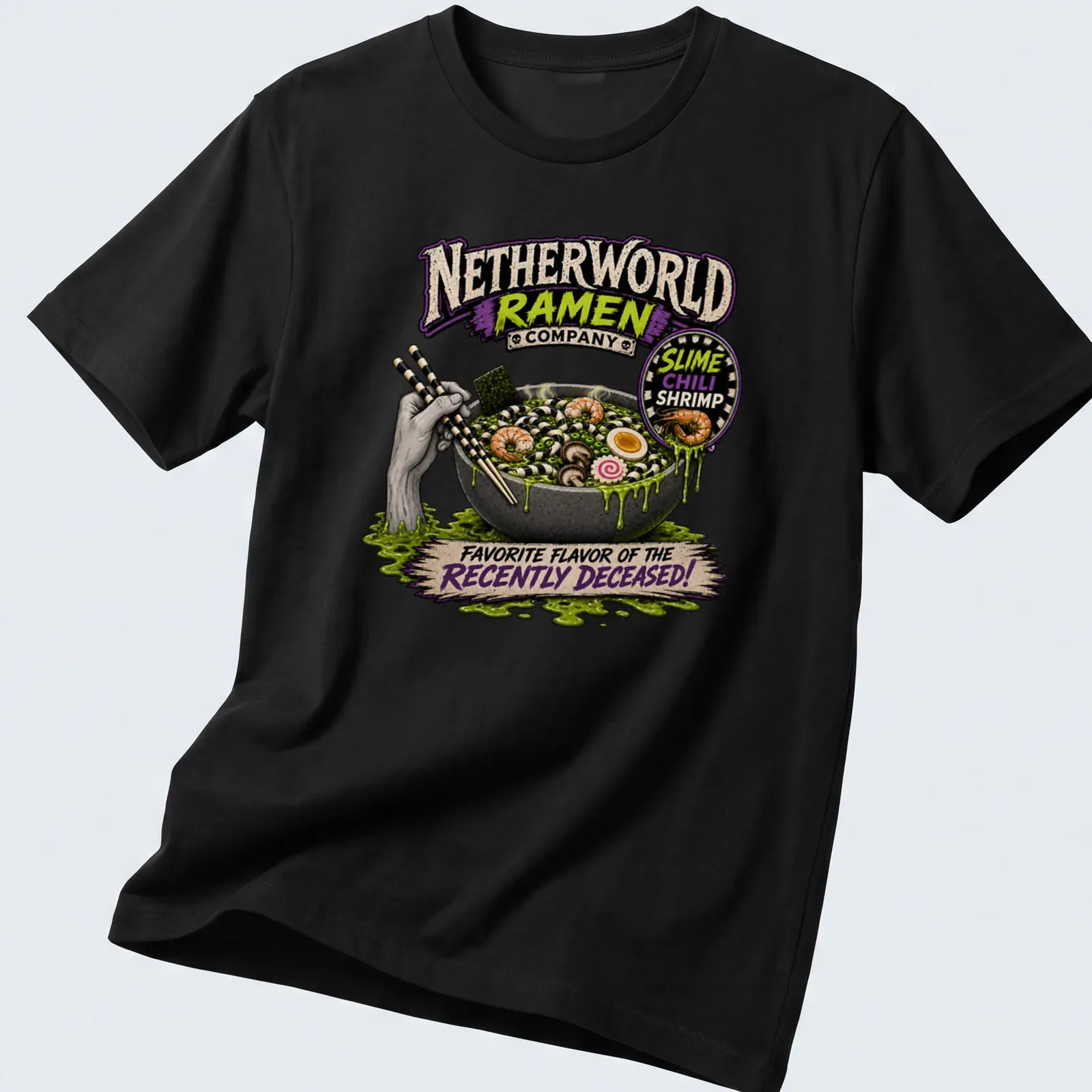 Vintage horror ramen t-shirt with a bowl of shrimp ramen and spooky lettering — printed on a unisex t-shirt