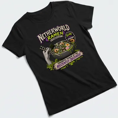 Vintage horror ramen t-shirt with a bowl of shrimp ramen and spooky lettering — printed on a women's shirt