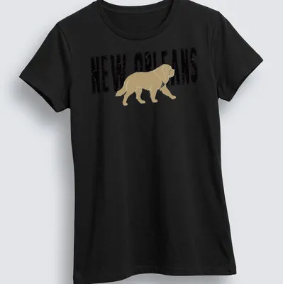 Vintage silhouette of a dog with New Orleans text in classic colors — printed on a women's shirt