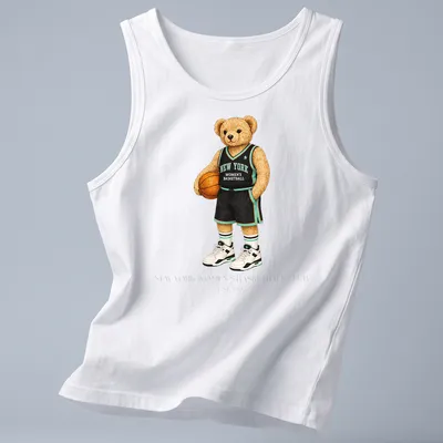 Vintage style shirt with bear in basketball uniform and club text — printed on a tank top