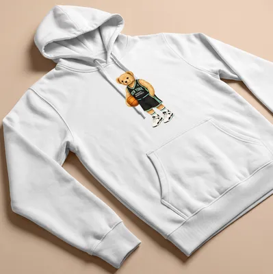 Vintage style shirt with bear in basketball uniform and club text — printed on a unisex hoodie