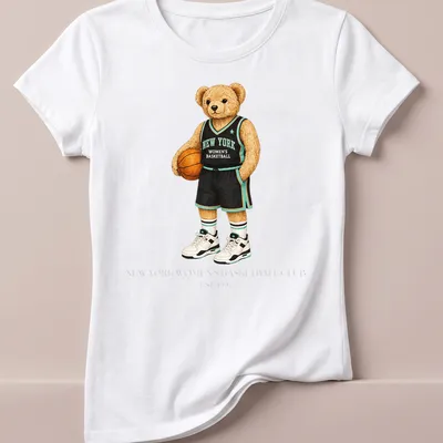 Vintage style shirt with bear in basketball uniform and club text — printed on a women's shirt
