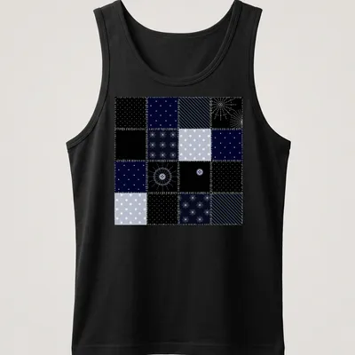Modern geometric patchwork pattern tee inspired by the night sky in navy and light blue. — printed on a tank top