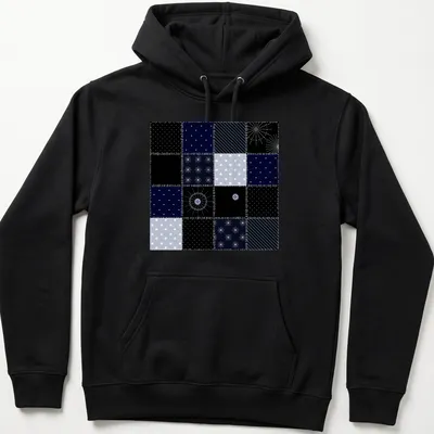 Modern geometric patchwork pattern tee inspired by the night sky in navy and light blue. — printed on a unisex hoodie