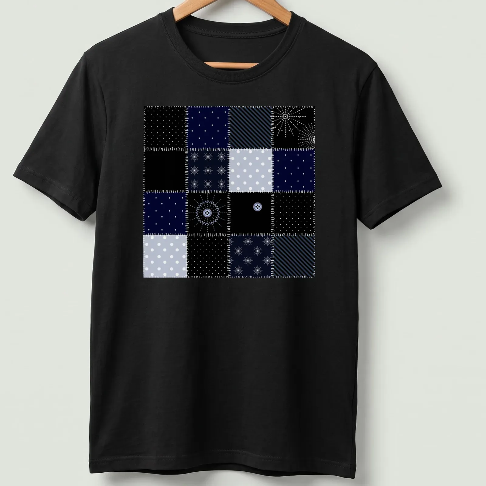 Modern geometric patchwork pattern tee inspired by the night sky in navy and light blue. — printed on a unisex t-shirt