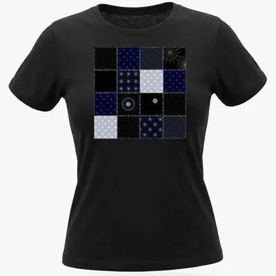 Modern geometric patchwork pattern tee inspired by the night sky in navy and light blue. — printed on a women's shirt