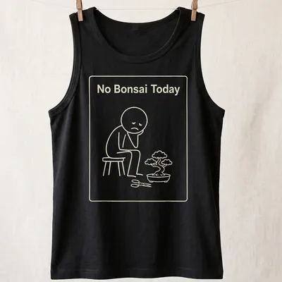 Minimalist line art of a sad gardener next to a bonsai tree with text No Bonsai Today — printed on a tank top