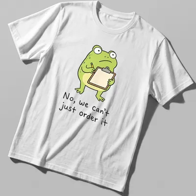 Cartoon frog holding a clipboard with humorous text about ordering.