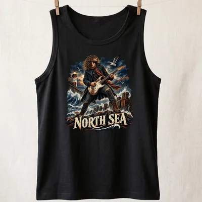 Illustration of a rock musician with guitar and lighthouse, featuring detailed artwork in blue and red. — printed on a tank top