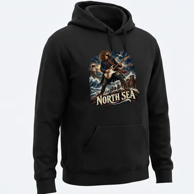 Illustration of a rock musician with guitar and lighthouse, featuring detailed artwork in blue and red. — printed on a unisex hoodie