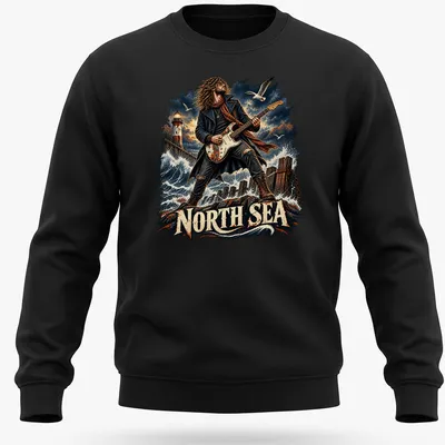 Illustration of a rock musician with guitar and lighthouse, featuring detailed artwork in blue and red. — printed on a unisex sweatshirt