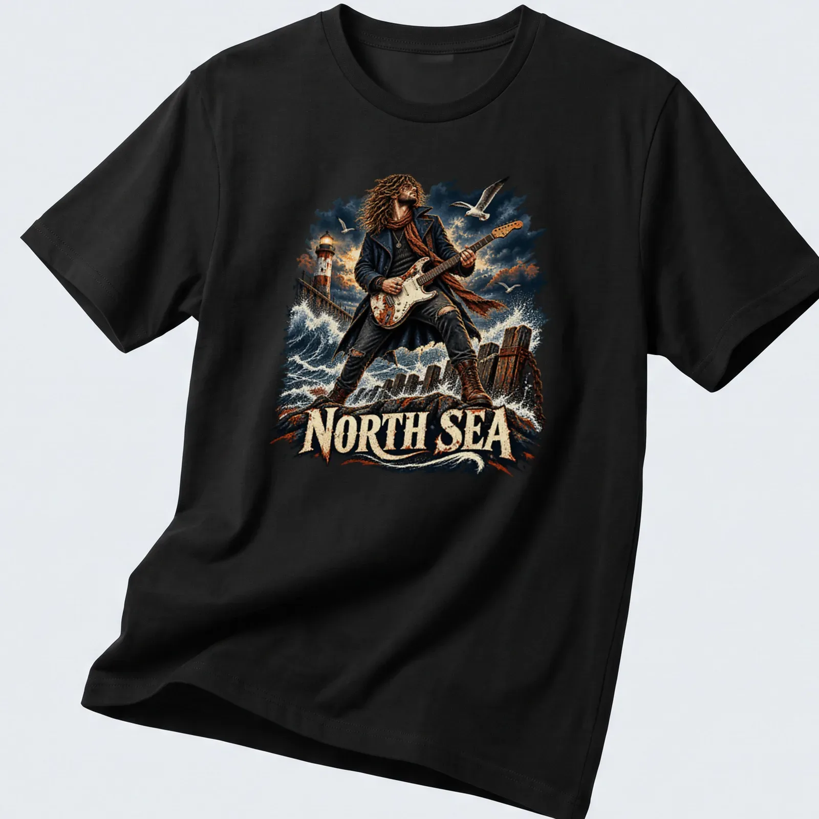 Illustration of a rock musician with guitar and lighthouse, featuring detailed artwork in blue and red. — printed on a unisex t-shirt