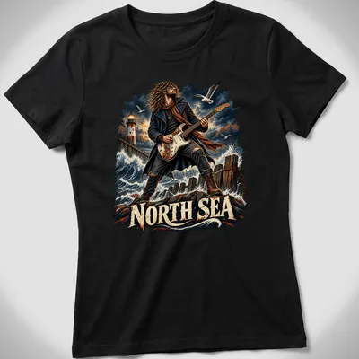 Illustration of a rock musician with guitar and lighthouse, featuring detailed artwork in blue and red. — printed on a women's shirt