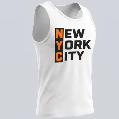 Bold block lettering NYC New York City T-shirt in black and orange — printed on a tank top