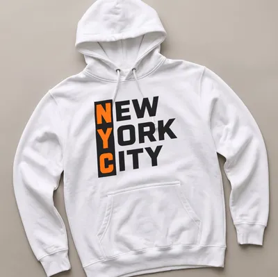 Bold block lettering NYC New York City T-shirt in black and orange — printed on a unisex hoodie