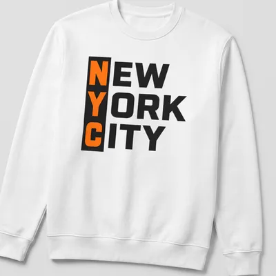 Bold block lettering NYC New York City T-shirt in black and orange — printed on a unisex sweatshirt