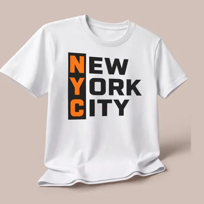 Bold block lettering NYC New York City T-shirt in black and orange — printed on a unisex t-shirt (angled view)
