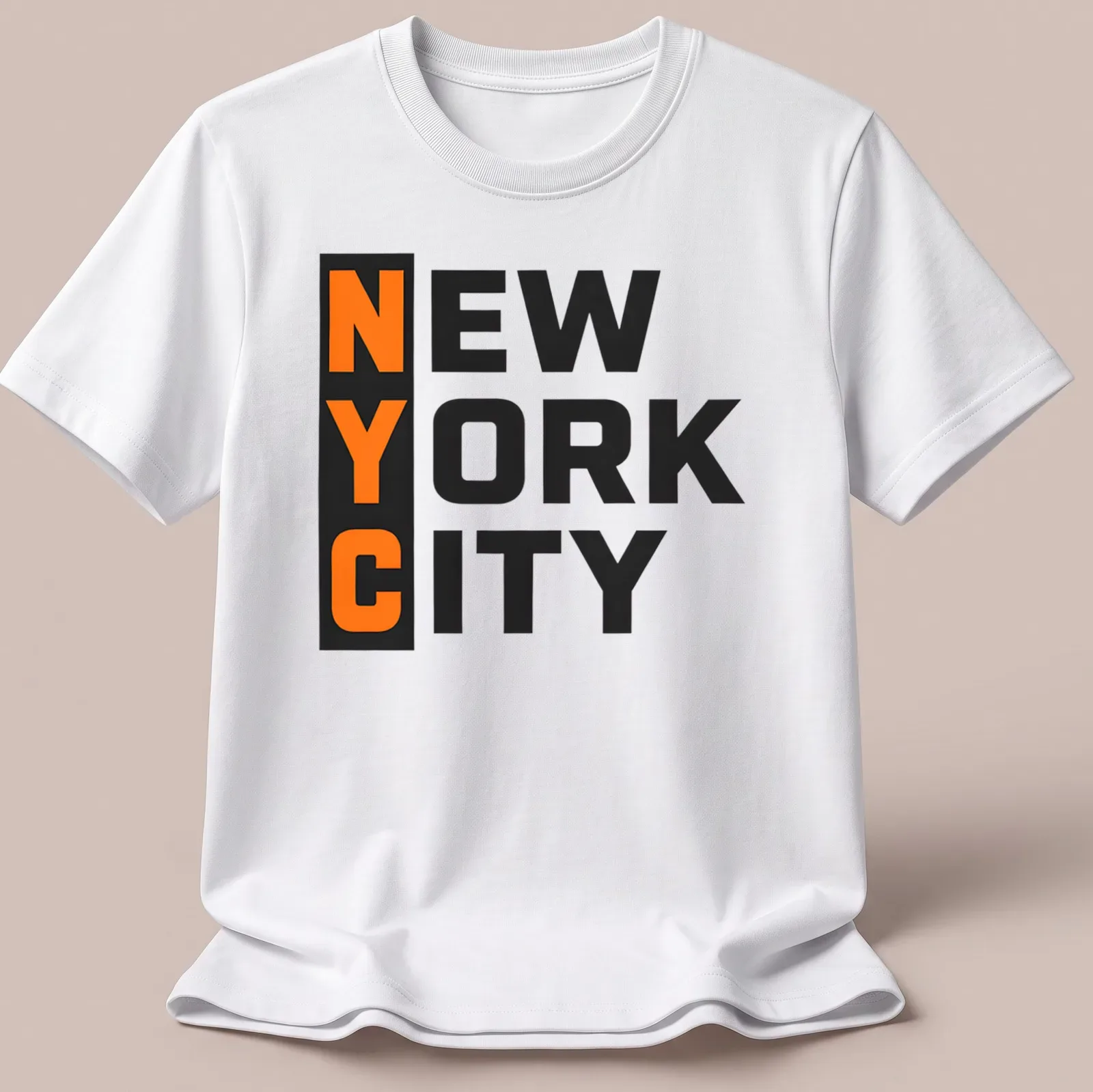Bold block lettering NYC New York City T-shirt in black and orange — printed on a unisex t-shirt
