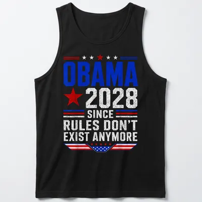 Patriotic typography shirt featuring Obama 2028 slogan in red, white, and blue — printed on a tank top
